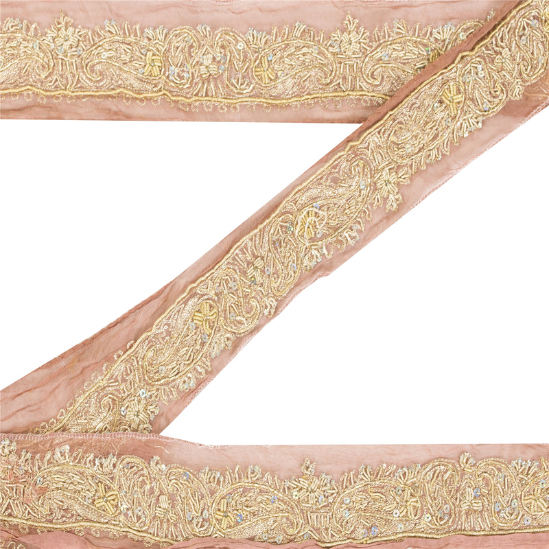 Sanskriti Vintage 1 YD Sari Border Hand Bead Zardozi Zari Trim Pink Ribbon Lace