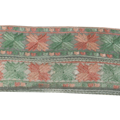 Sanskriti Vintage Sari Border Hand Embroidered Phulkari 1 YD Trim Gray 2.5W Lace