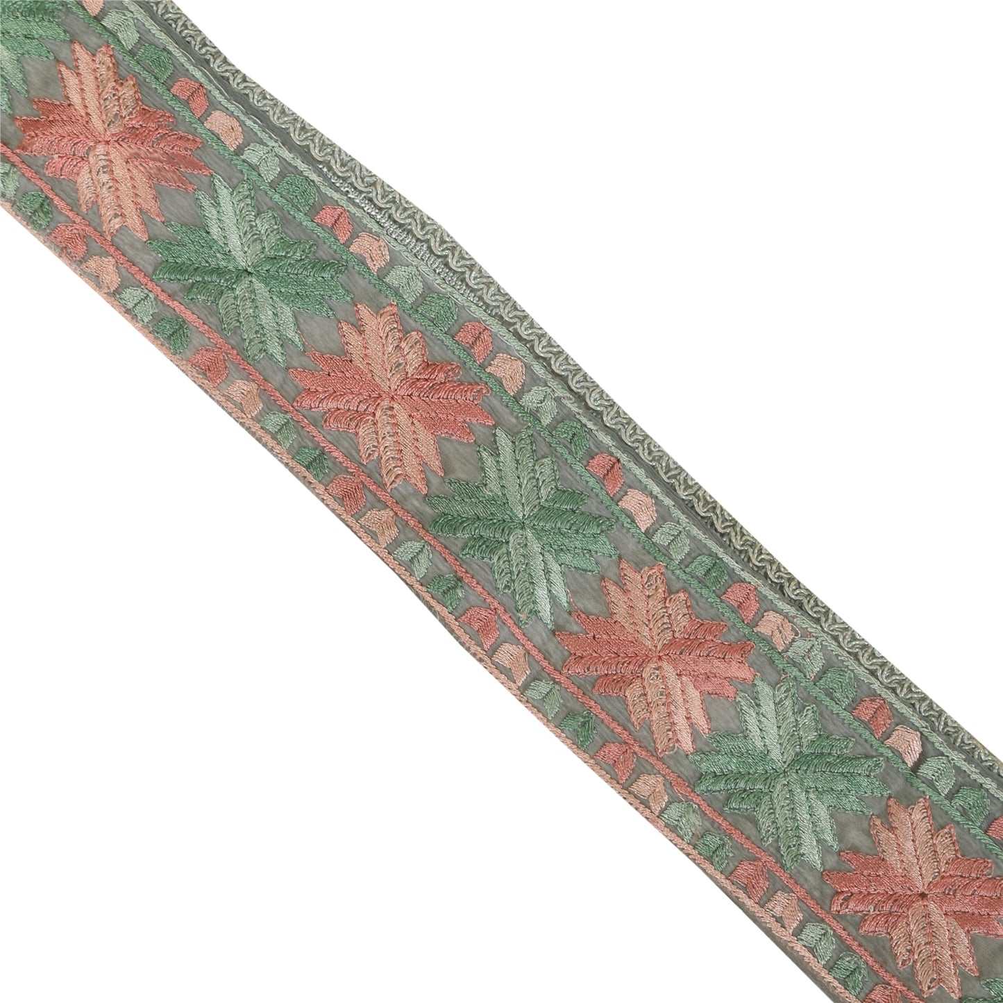 Sanskriti Vintage Sari Border Hand Embroidered Phulkari 1 YD Trim Gray 2.5W Lace