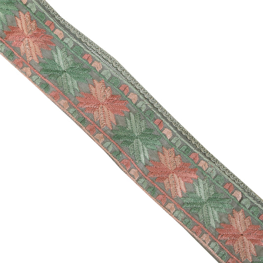 Sanskriti Vintage Sari Border Hand Embroidered Phulkari 1 YD Trim Gray 2.5W Lace