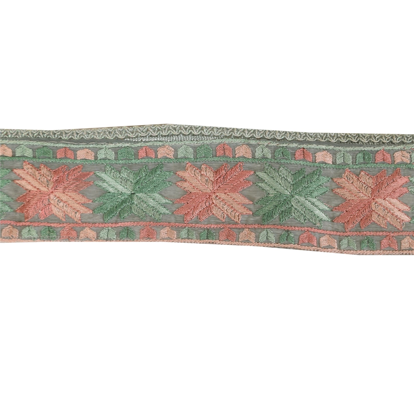 Sanskriti Vintage Sari Border Hand Embroidered Phulkari 1 YD Trim Gray 2.5W Lace