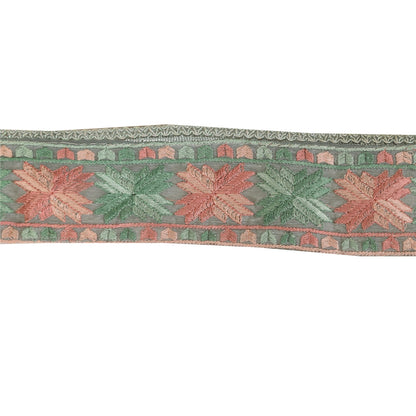 Sanskriti Vintage Sari Border Hand Embroidered Phulkari 1 YD Trim Gray 2.5W Lace