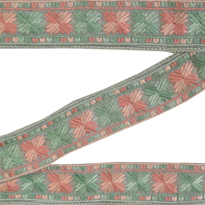 Sanskriti Vintage Sari Border Hand Embroidered Phulkari 1 YD Trim Gray 2.5W Lace