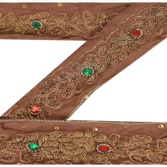 Sanskriti Vintage Saree Border Hand Beaded 1 Yard Trim Dã©Cor Ribbon Brown Lace