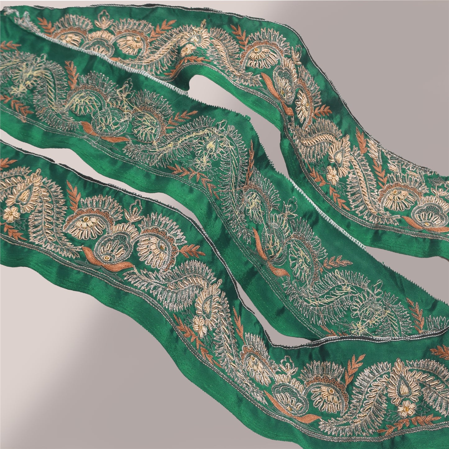 Sanskriti Vintage Sari Border Hand Beaded Zardozi 1 YD Trim 2.5 W Green Lace