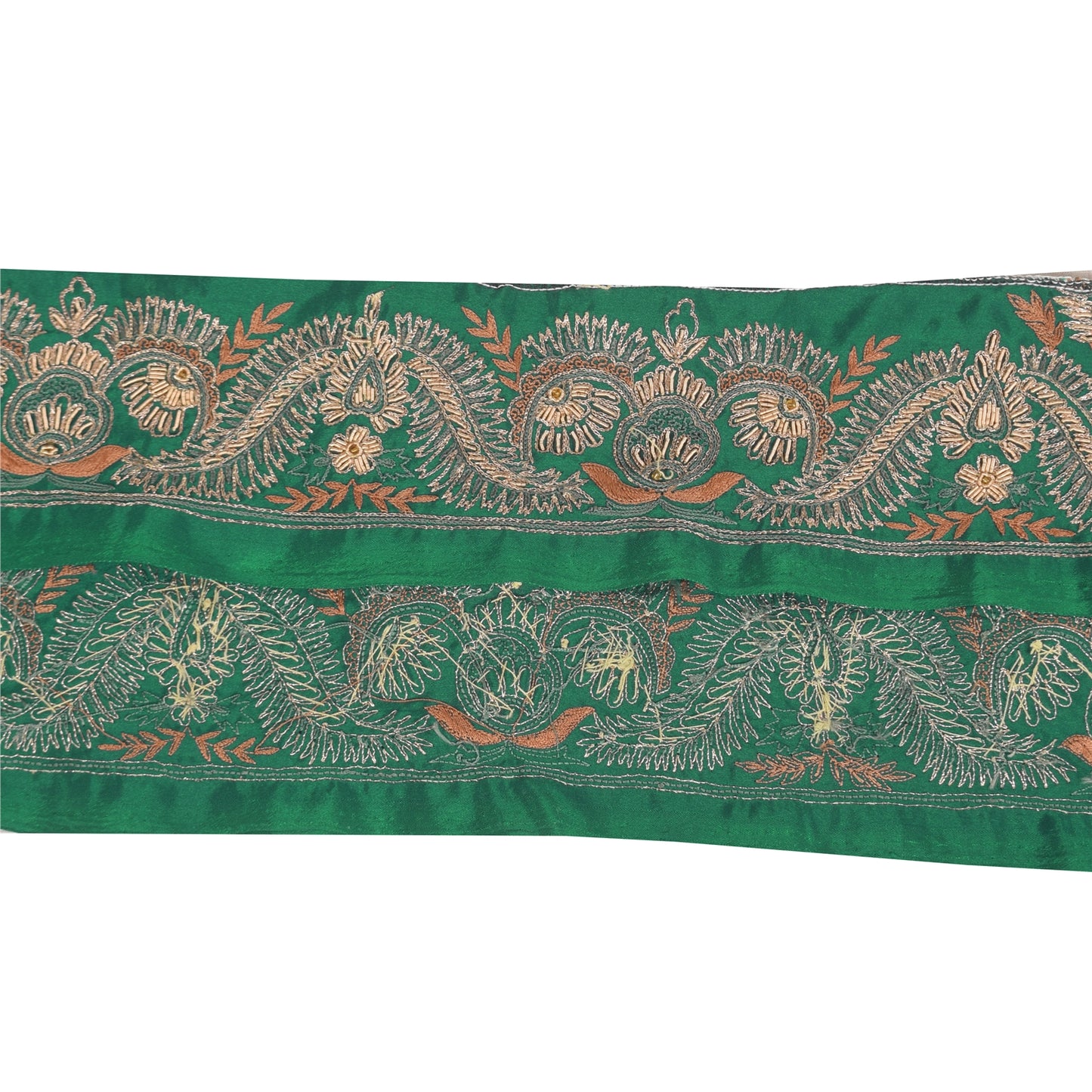 Sanskriti Vintage Sari Border Hand Beaded Zardozi 1 YD Trim 2.5 W Green Lace