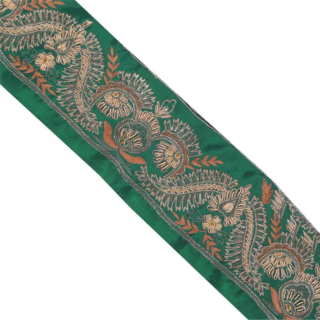 Sanskriti Vintage Sari Border Hand Beaded Zardozi 1 YD Trim 2.5 W Green Lace
