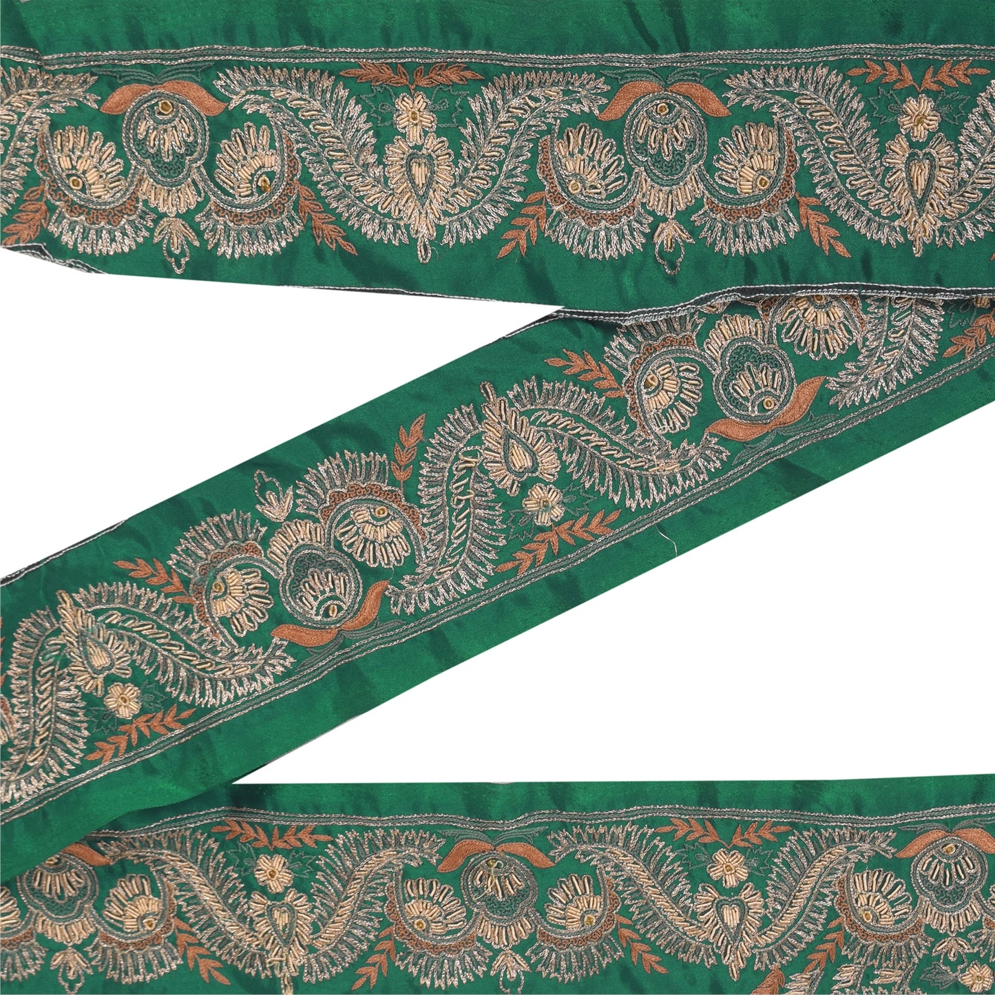 Sanskriti Vintage Sari Border Hand Beaded Zardozi 1 YD Trim 2.5 W Green Lace