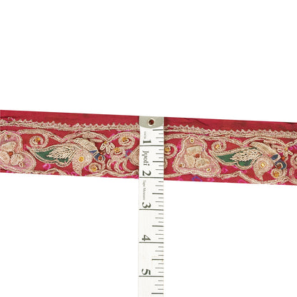 Sanskriti Vintage Sari/Saree Border Hand Beaded Peacock 1 YD Trim Pink 1.5W Lace