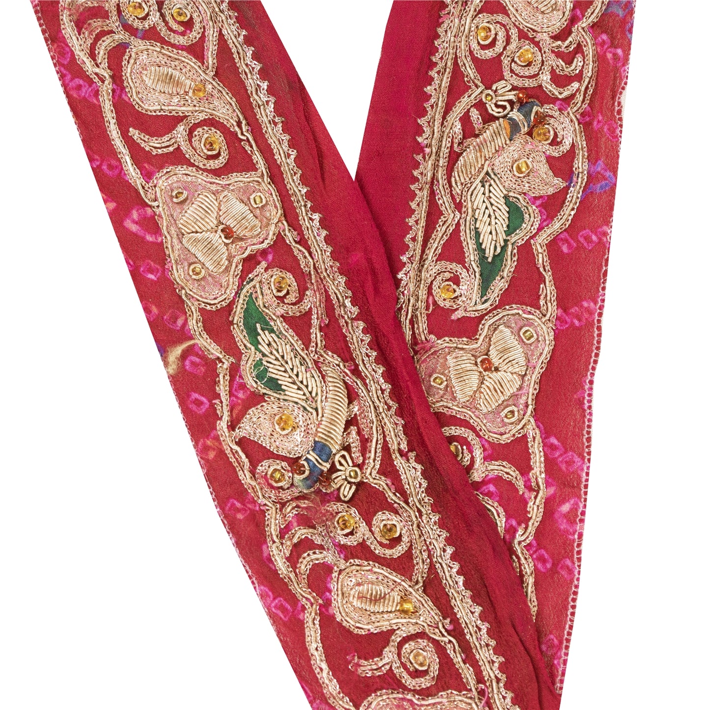 Sanskriti Vintage Sari/Saree Border Hand Beaded Peacock 1 YD Trim Pink 1.5W Lace