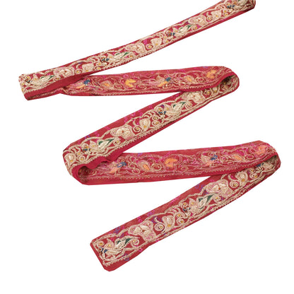 Sanskriti Vintage Sari/Saree Border Hand Beaded Peacock 1 YD Trim Pink 1.5W Lace