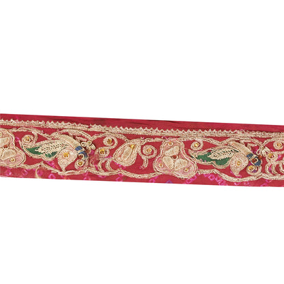 Sanskriti Vintage Sari/Saree Border Hand Beaded Peacock 1 YD Trim Pink 1.5W Lace