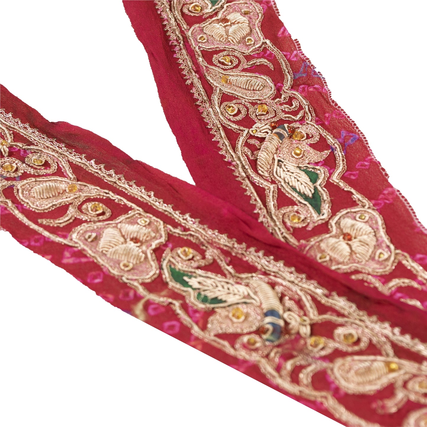 Sanskriti Vintage Sari/Saree Border Hand Beaded Peacock 1 YD Trim Pink 1.5W Lace