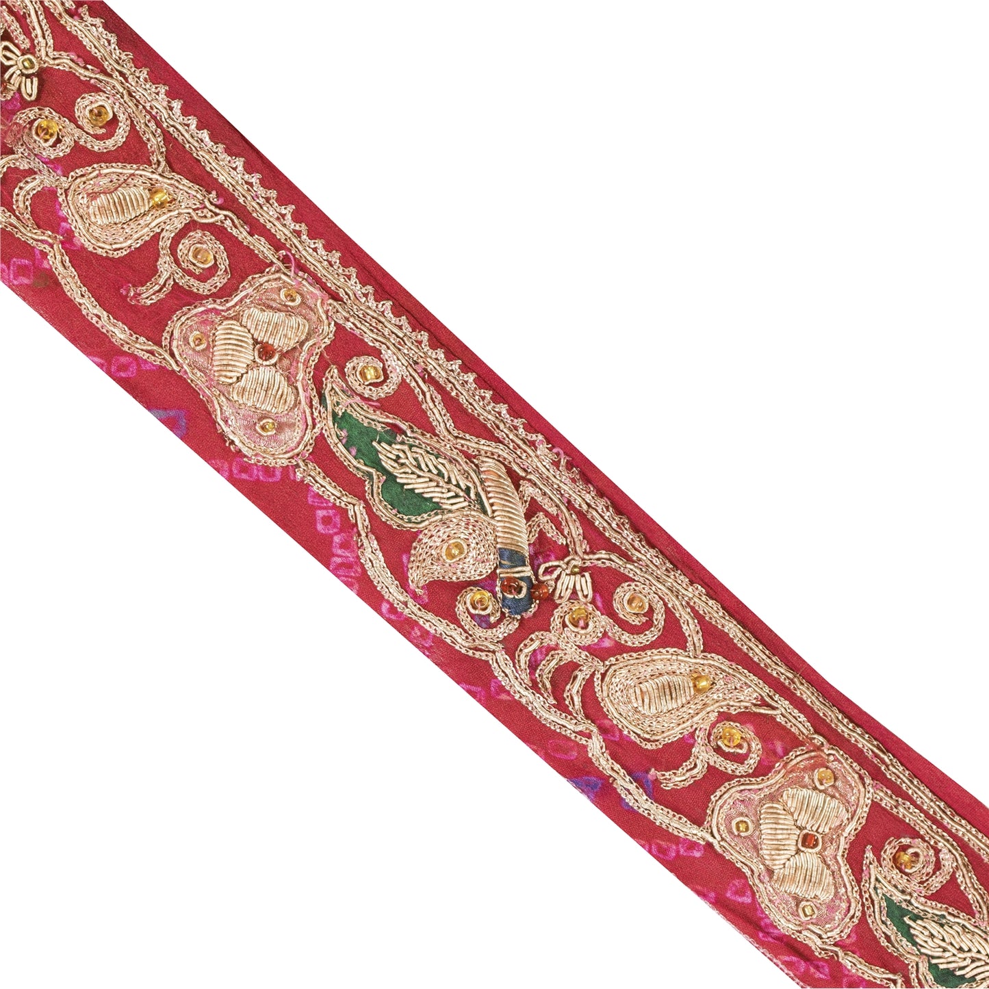 Sanskriti Vintage Sari/Saree Border Hand Beaded Peacock 1 YD Trim Pink 1.5W Lace