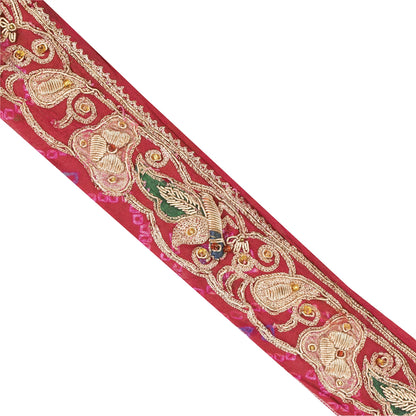 Sanskriti Vintage Sari/Saree Border Hand Beaded Peacock 1 YD Trim Pink 1.5W Lace