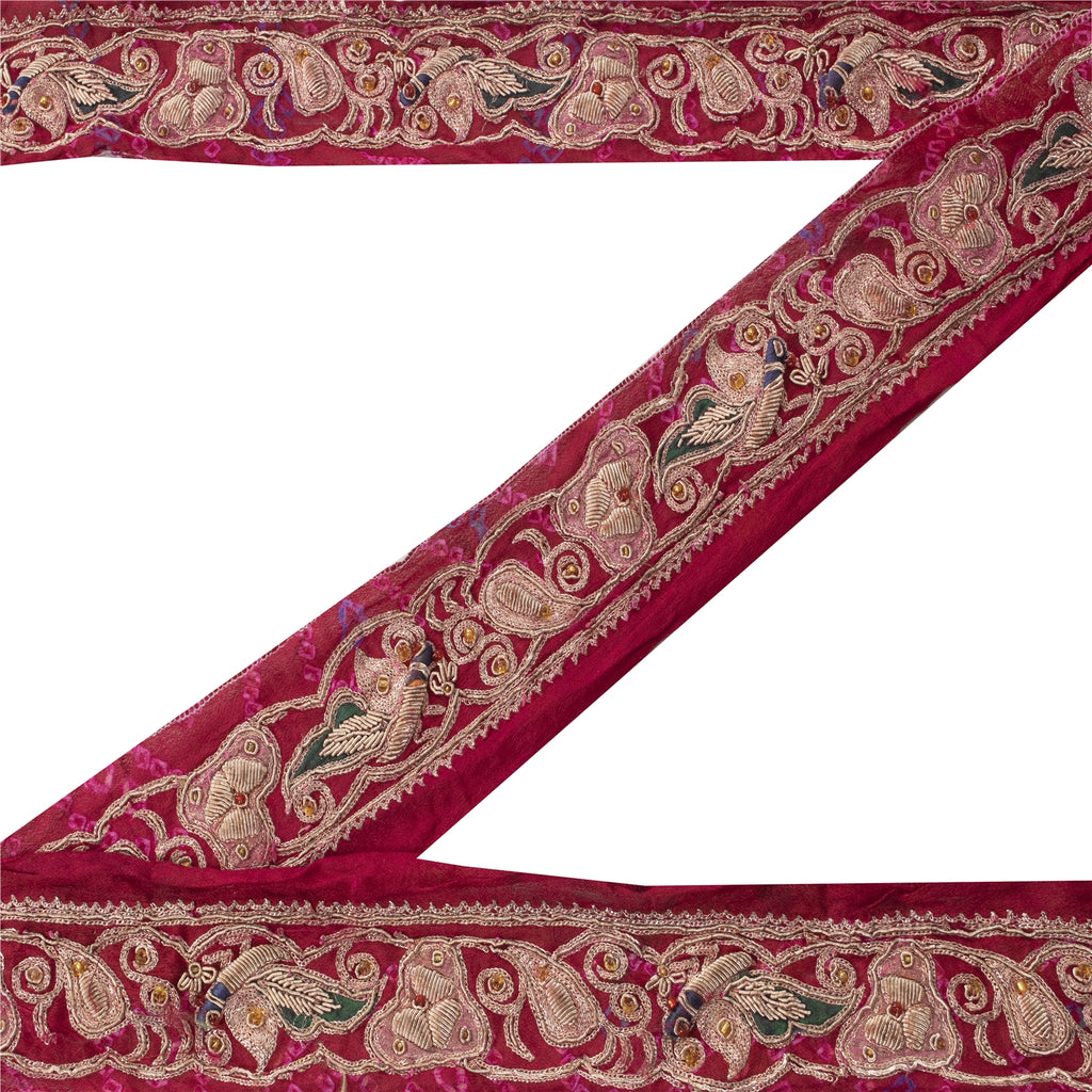 Sanskriti Vintage Sari/Saree Border Hand Beaded Peacock 1 YD Trim Pink 1.5W Lace