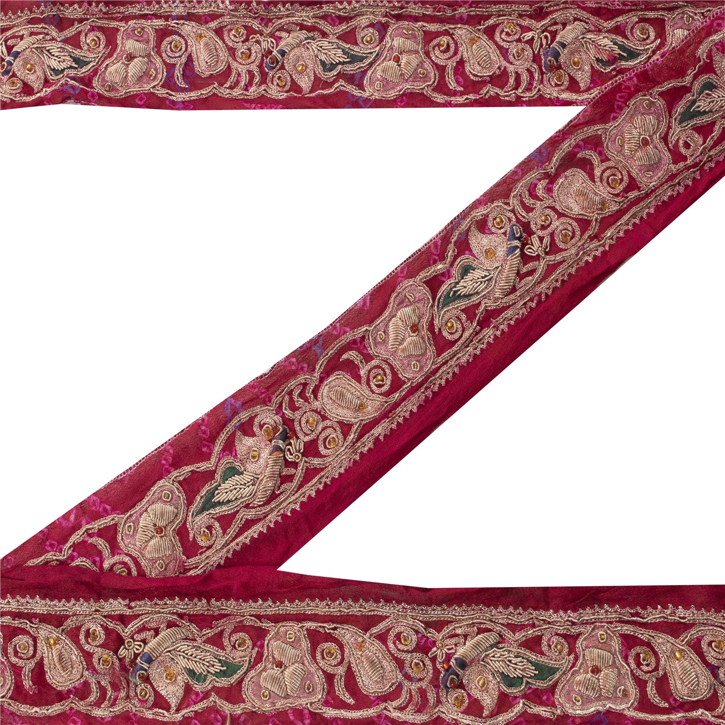 Sanskriti Vintage Sari/Saree Border Hand Beaded Peacock 1 YD Trim Pink 1.5W Lace