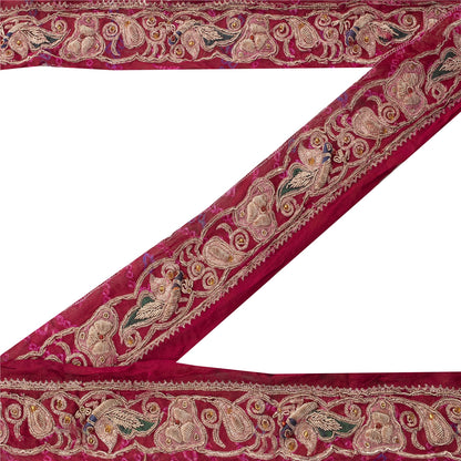 Sanskriti Vintage Sari/Saree Border Hand Beaded Peacock 1 YD Trim Pink 1.5W Lace
