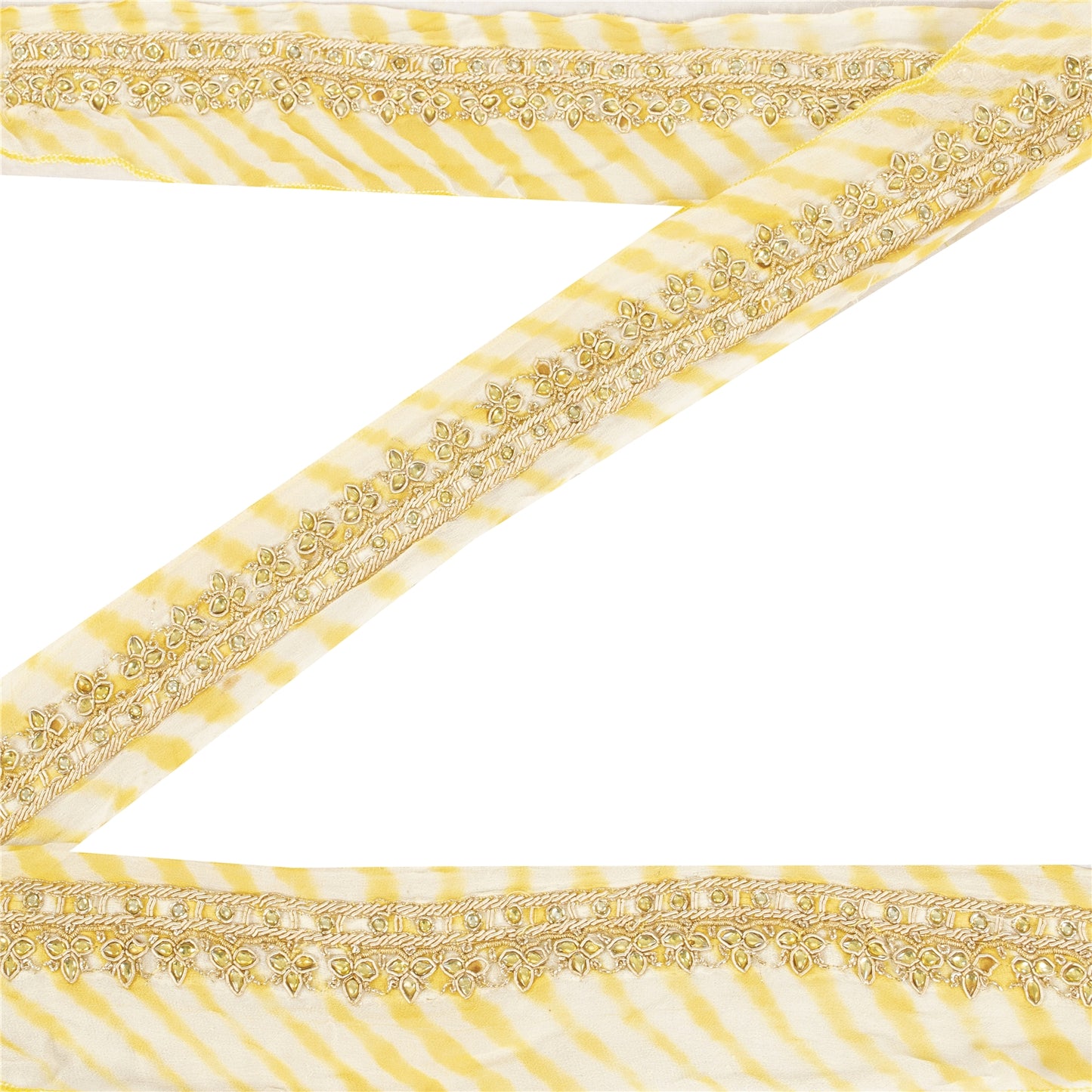 Sanskriti Vintage Sari Border Hand Beaded Zardozi 1 YD Trim 1.5 W Lemon Lace