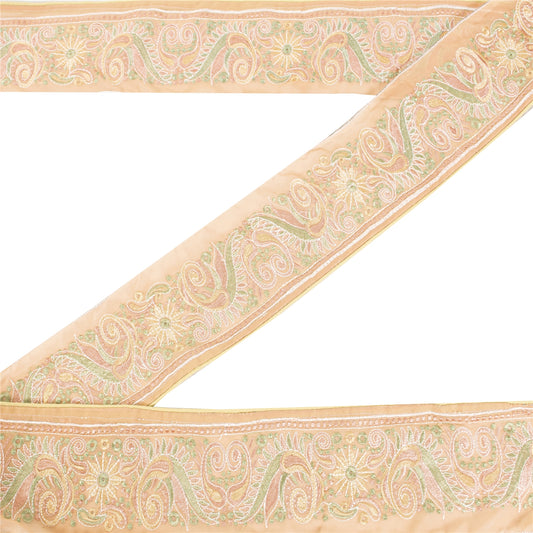 Sanskriti Vintage Sari Border Embroidered  Thread 1 YD Trims 4"W Floral Peach