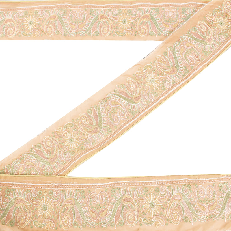 Sanskriti Vintage Sari Border Embroidered  Thread 1 YD Trims 4"W Floral Peach