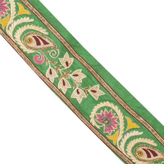 Sanskriti Vintage Saree Border Hand Beaded Craft Trims Lace 1YD Zari Decor Green