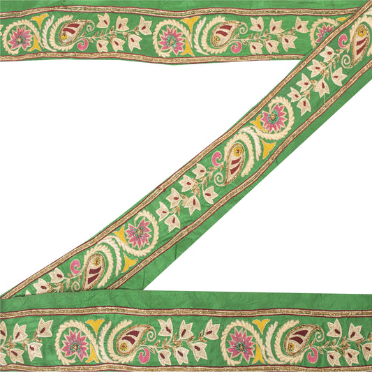Sanskriti Vintage Saree Border Hand Beaded Craft Trims Lace 1YD Zari Decor Green