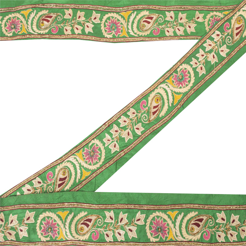 Sanskriti Vintage Saree Border Hand Beaded Craft Trims Lace 1YD Zari Decor Green