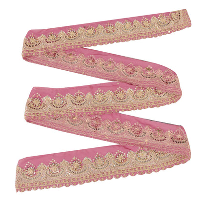 Sanskriti Vintage Sari Border Hand Beaded Craft 1 YD Zari Zardozi Pink Deco Lace