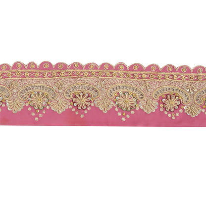 Sanskriti Vintage Sari Border Hand Beaded Craft 1 YD Zari Zardozi Pink Deco Lace