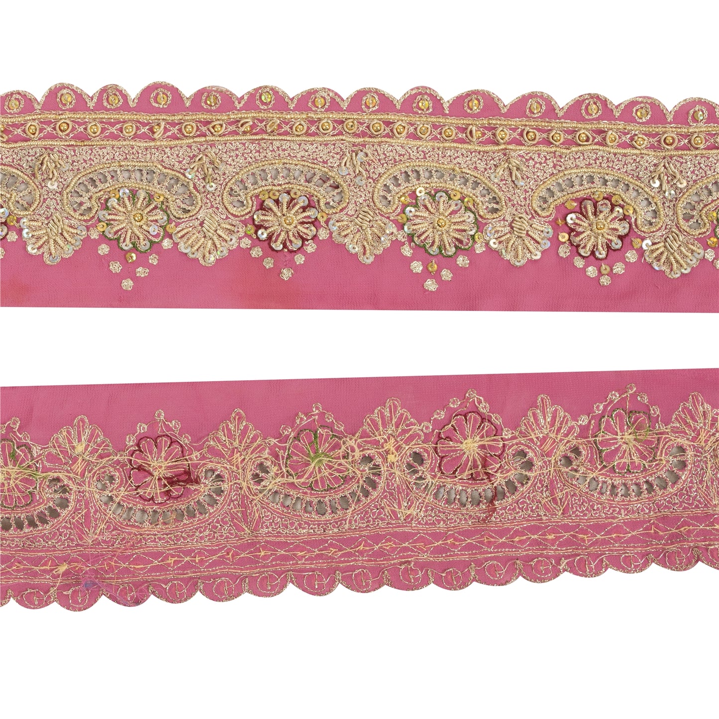 Sanskriti Vintage Sari Border Hand Beaded Craft 1 YD Zari Zardozi Pink Deco Lace