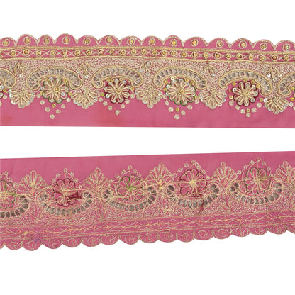 Sanskriti Vintage Sari Border Hand Beaded Craft 1 YD Zari Zardozi Pink Deco Lace