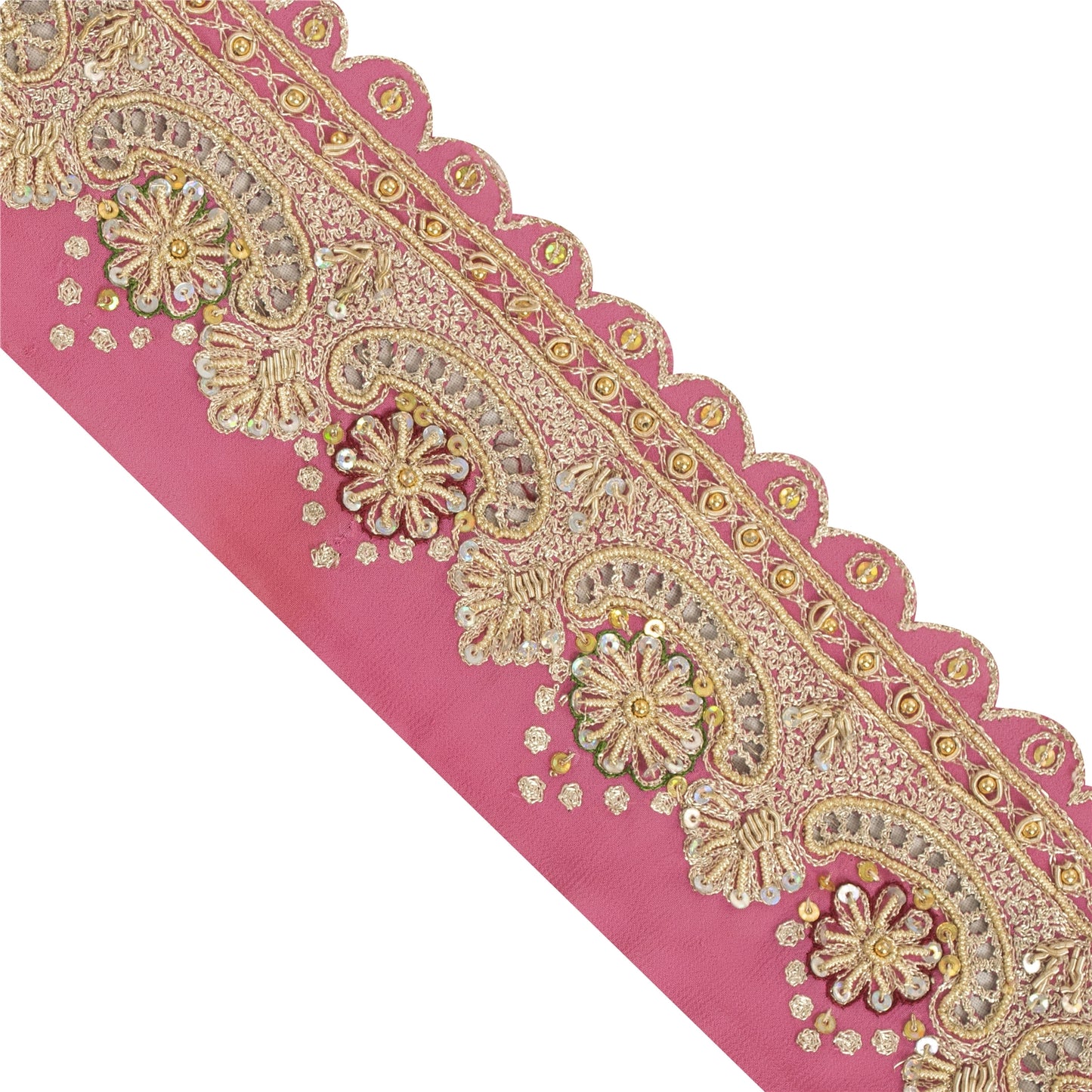 Sanskriti Vintage Sari Border Hand Beaded Craft 1 YD Zari Zardozi Pink Deco Lace