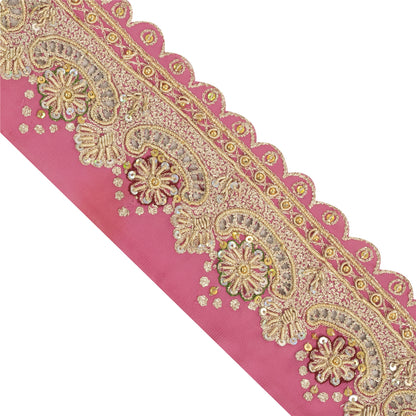 Sanskriti Vintage Sari Border Hand Beaded Craft 1 YD Zari Zardozi Pink Deco Lace