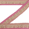 Sanskriti Vintage Sari Border Hand Beaded Craft 1 YD Zari Zardozi Pink Deco Lace