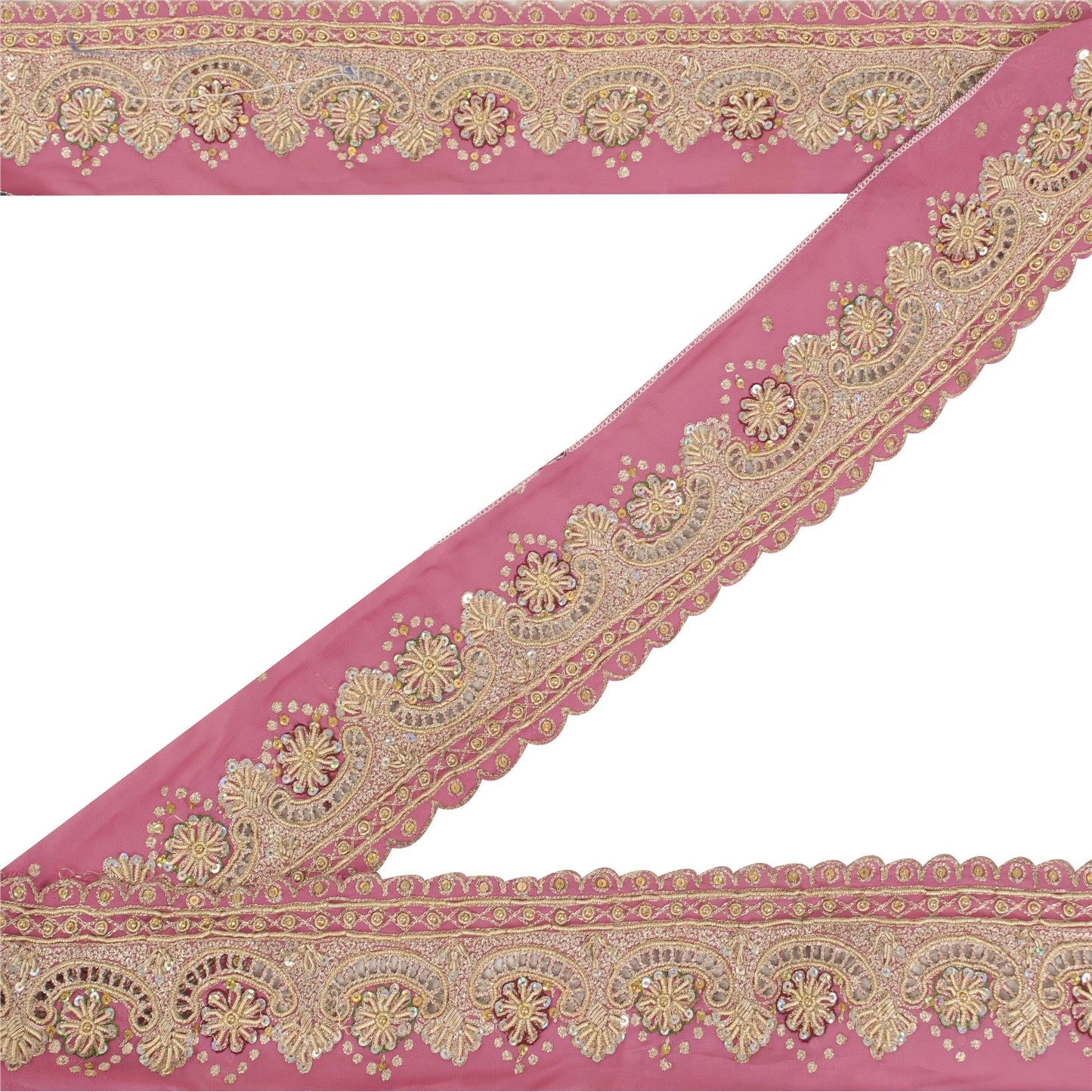 Sanskriti Vintage Sari Border Hand Beaded Craft 1 YD Zari Zardozi Pink Deco Lace