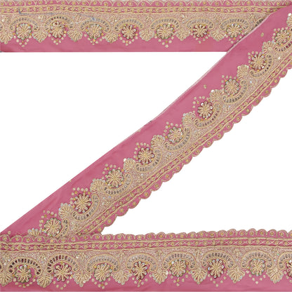 Sanskriti Vintage Sari Border Hand Beaded Craft 1 YD Zari Zardozi Pink Deco Lace