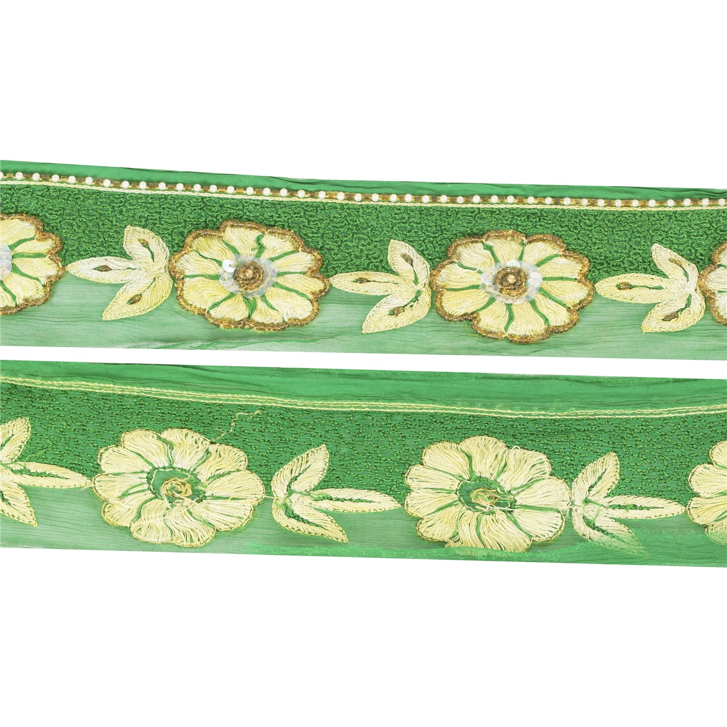 SANSKRITI VINTAGE SAREE BORDER HAND BEADED CRAFT 1 YD TRIMS LACE 2W GREEN