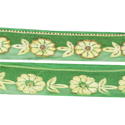 SANSKRITI VINTAGE SAREE BORDER HAND BEADED CRAFT 1 YD TRIMS LACE 2W GREEN