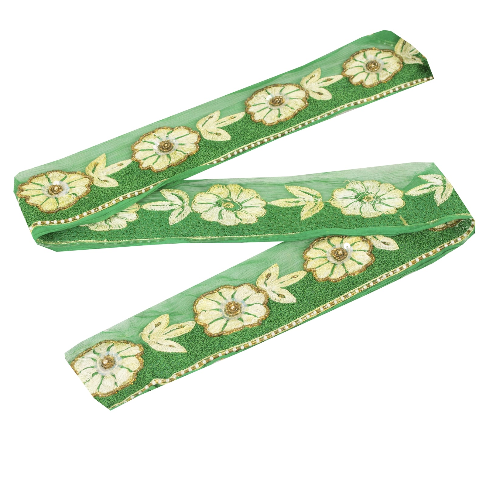 Sanskriti Vintage Hand Beaded Chiffon Silk Sari Border: Green Floral Trim, Sequins & Pearls by