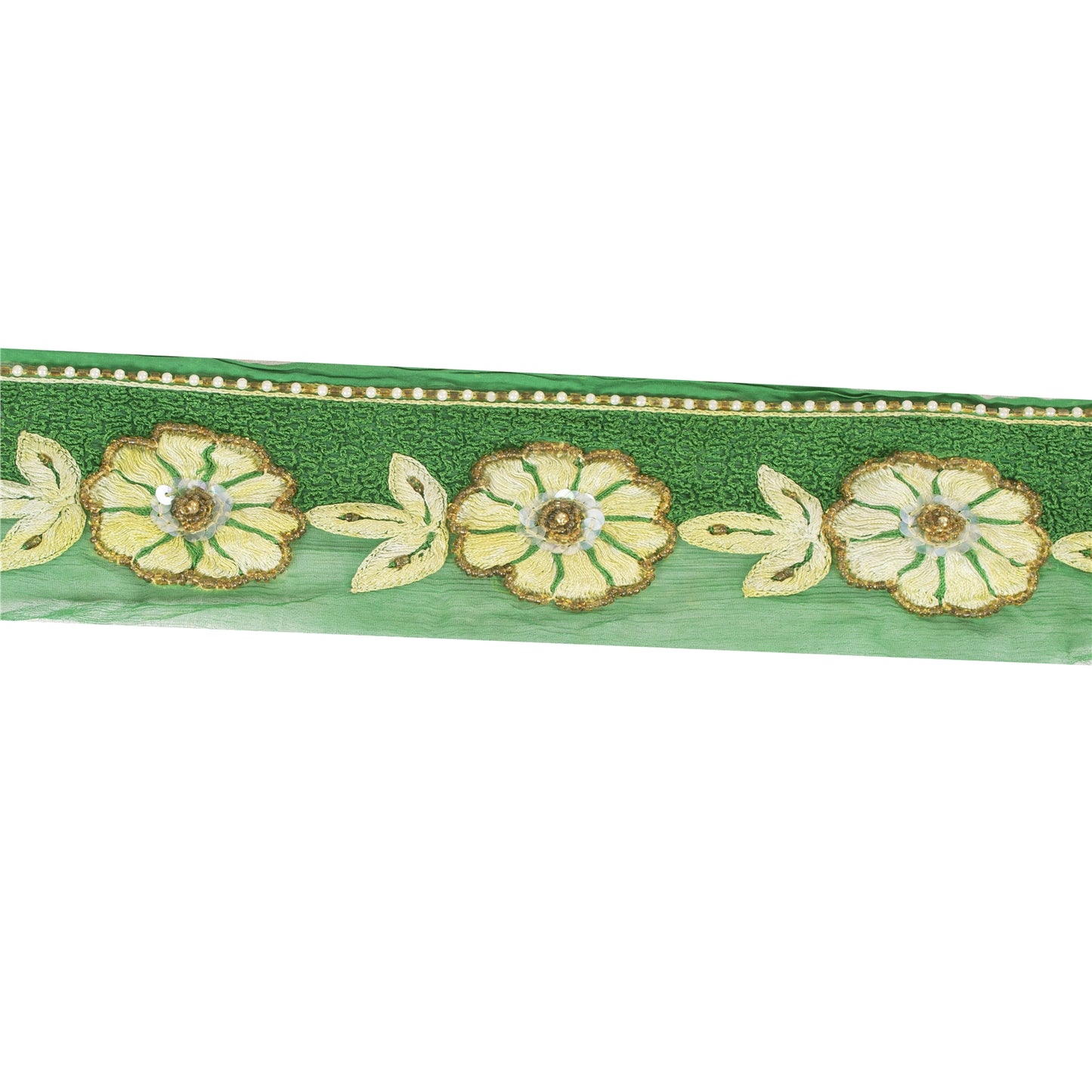 SANSKRITI VINTAGE SAREE BORDER HAND BEADED CRAFT 1 YD TRIMS LACE 2W GREEN