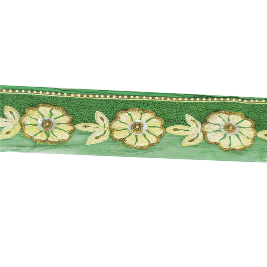 SANSKRITI VINTAGE SAREE BORDER HAND BEADED CRAFT 1 YD TRIMS LACE 2W GREEN