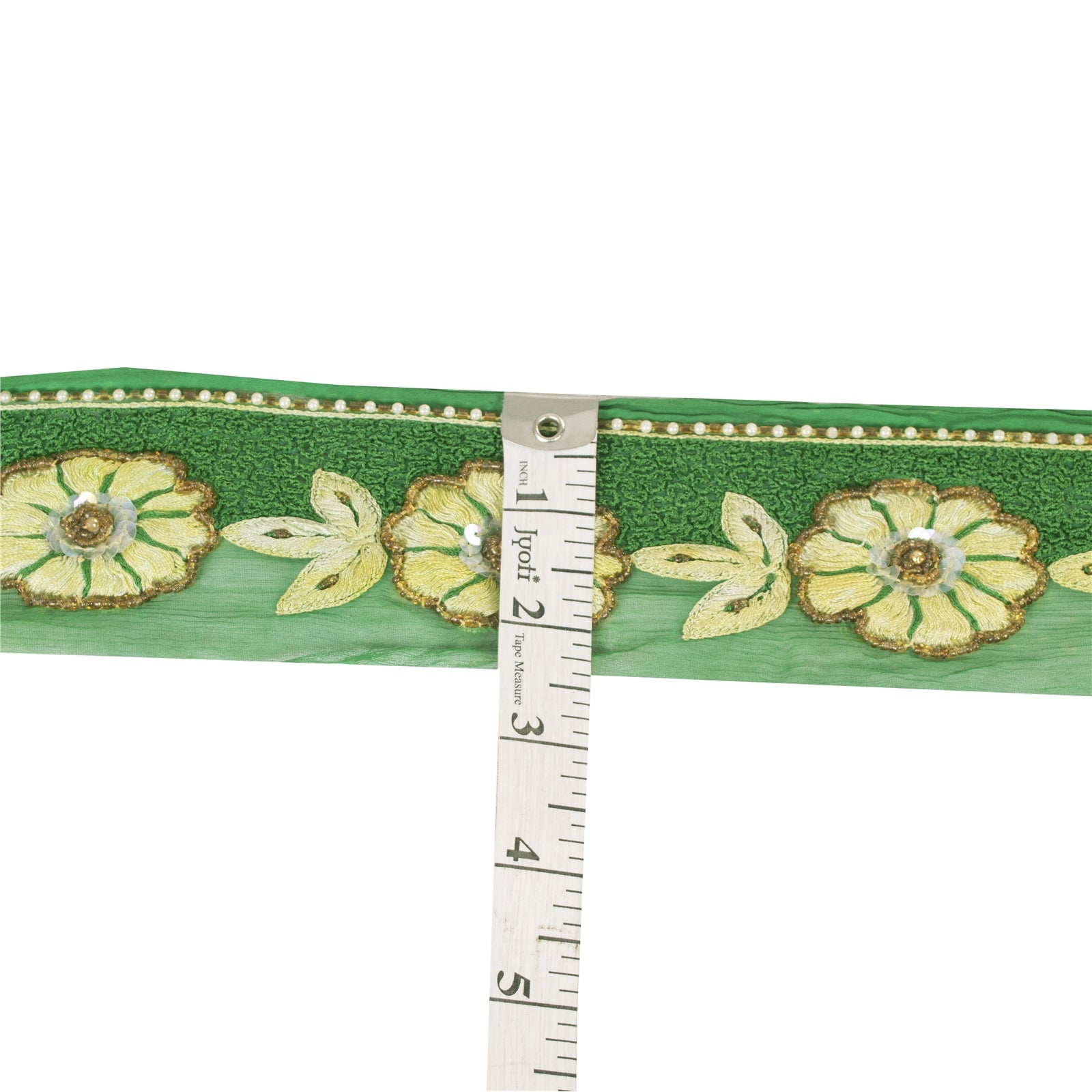 Sanskriti Vintage Hand Beaded Chiffon Silk Sari Border: Green Floral Trim, Sequins & Pearls by