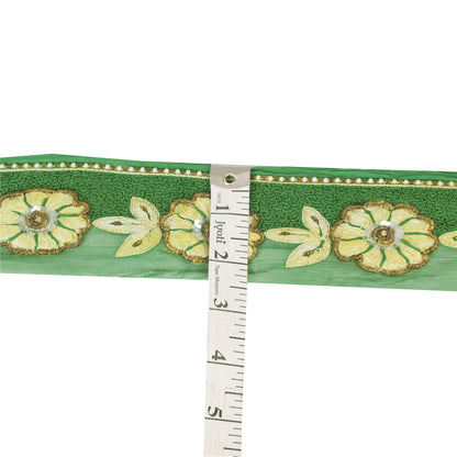 SANSKRITI VINTAGE SAREE BORDER HAND BEADED CRAFT 1 YD TRIMS LACE 2W GREEN