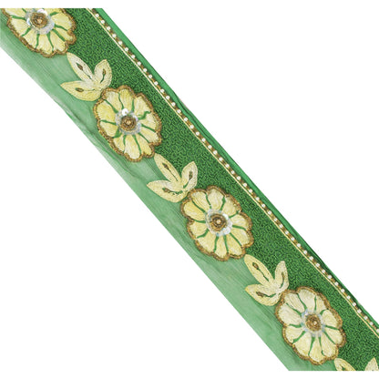 SANSKRITI VINTAGE SAREE BORDER HAND BEADED CRAFT 1 YD TRIMS LACE 2W GREEN