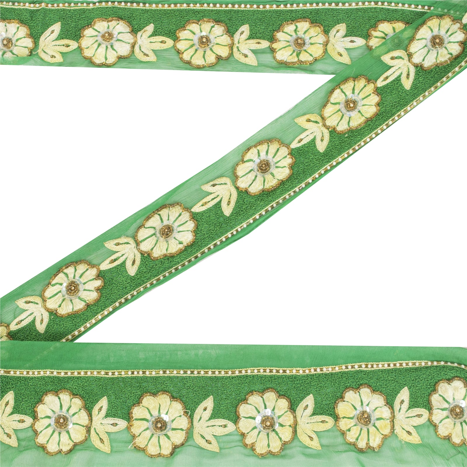 Sanskriti Vintage Hand Beaded Chiffon Silk Sari Border: Green Floral Trim, Sequins & Pearls by