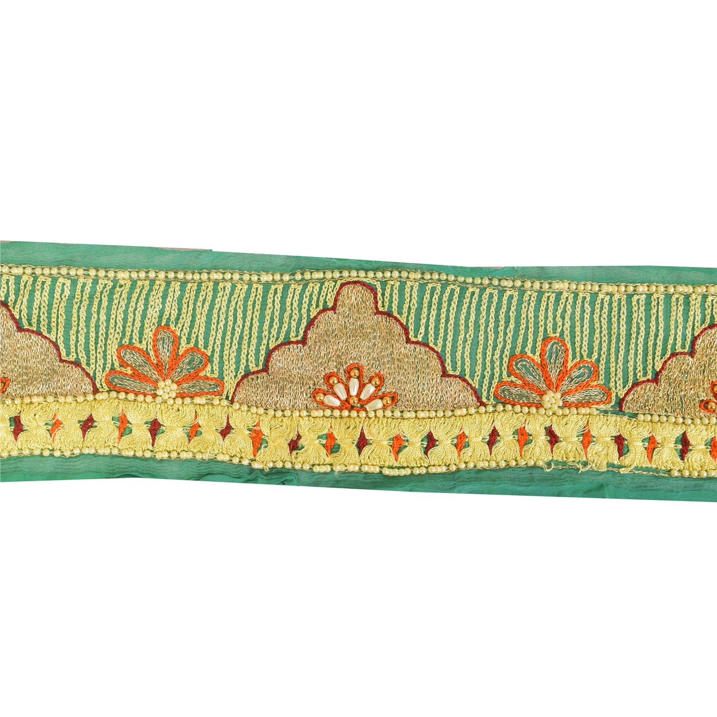 SANSKRITI VINTAGE SAREE BORDER HAND BEADED ZARI 1 YD TRIMS LACE 3W GREEN FLORAL