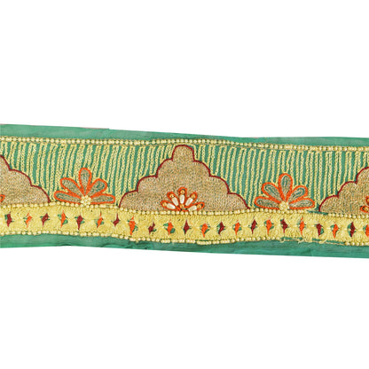 SANSKRITI VINTAGE SAREE BORDER HAND BEADED ZARI 1 YD TRIMS LACE 3W GREEN FLORAL
