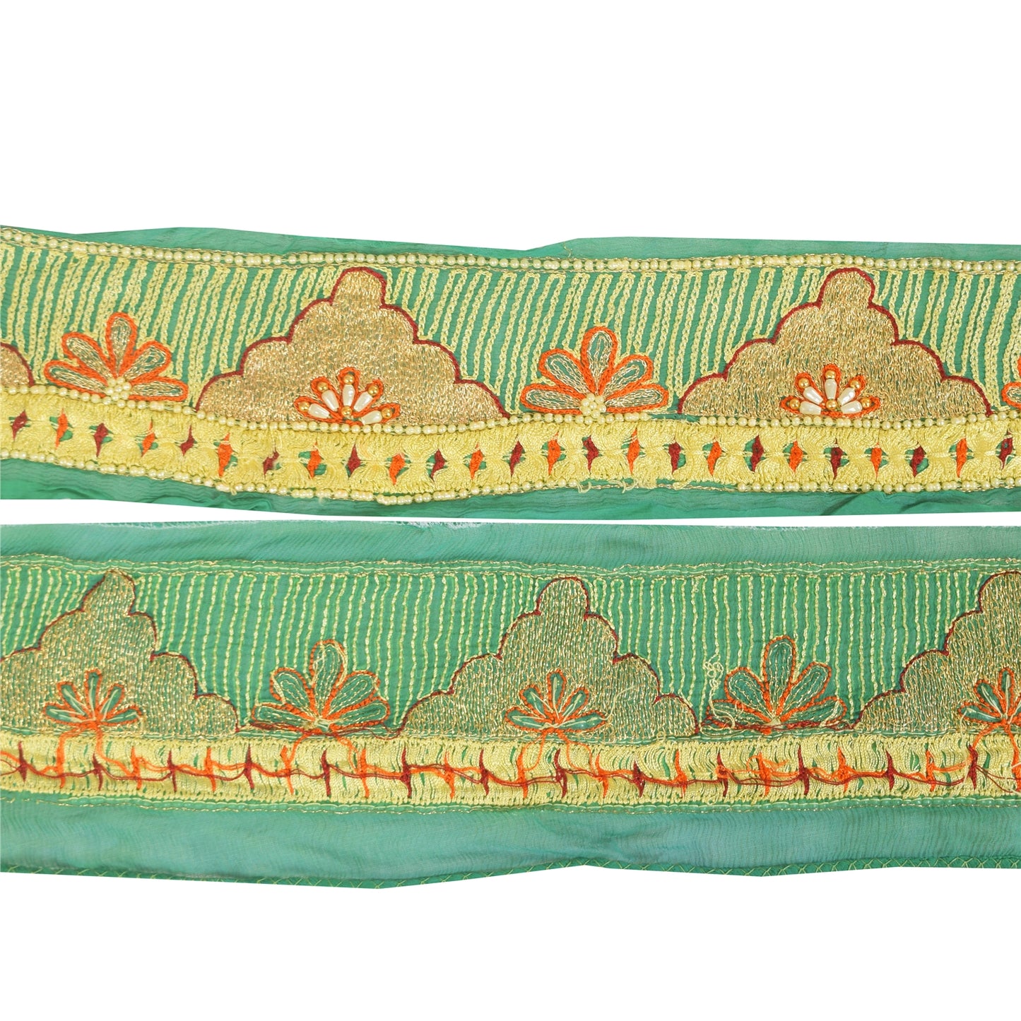 SANSKRITI VINTAGE SAREE BORDER HAND BEADED ZARI 1 YD TRIMS LACE 3W GREEN FLORAL