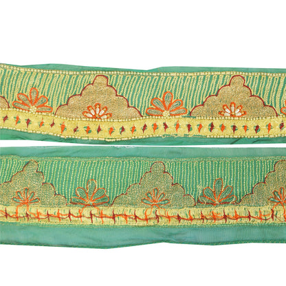 SANSKRITI VINTAGE SAREE BORDER HAND BEADED ZARI 1 YD TRIMS LACE 3W GREEN FLORAL